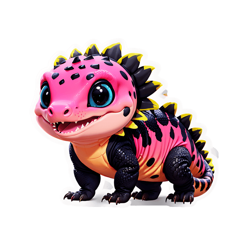 Pink chibi lizard sticker with large blue eyes yellow dorsal spikes and a thick white border outline
