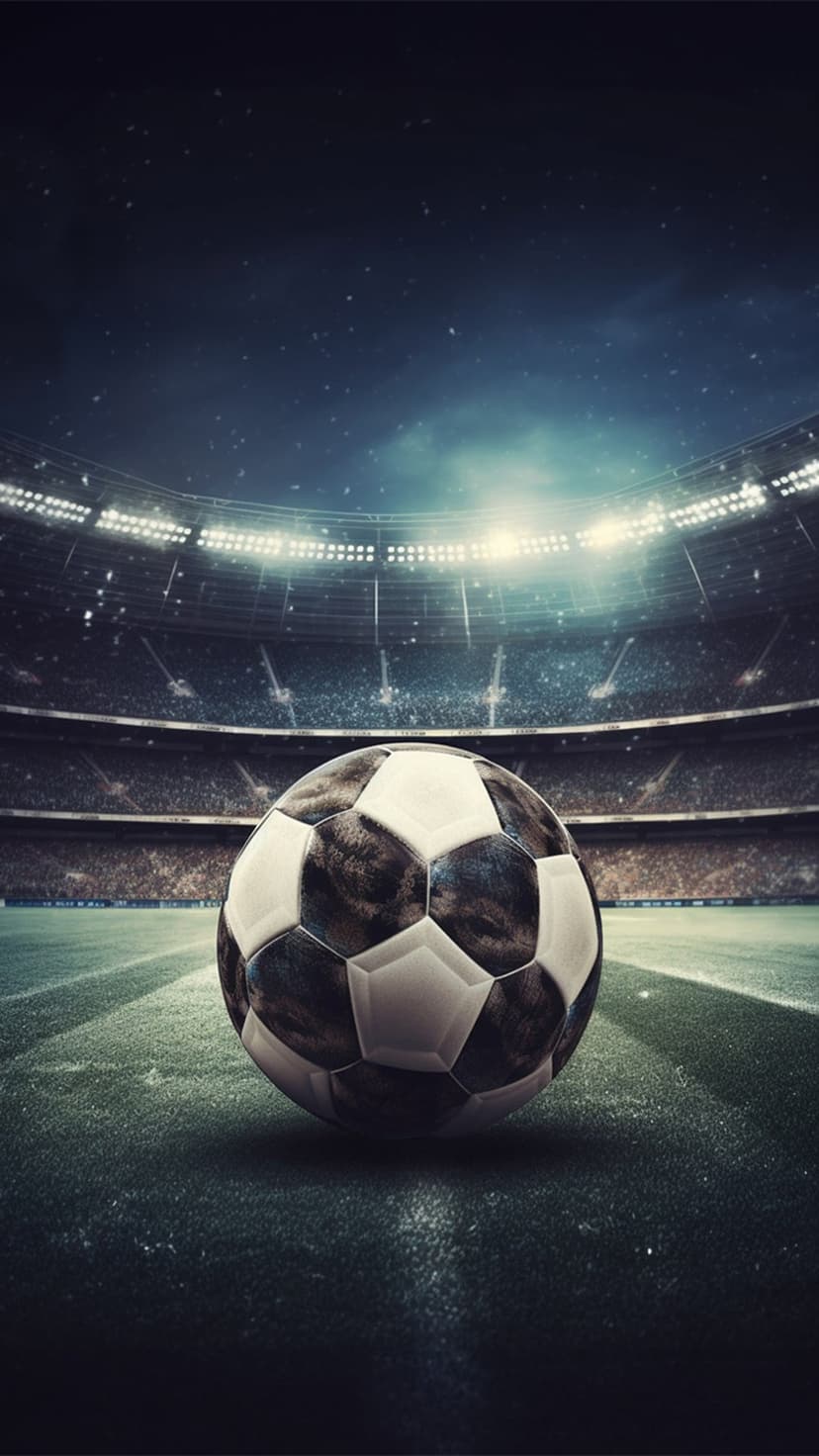 Soccer ball on green grass under bright stadium floodlights at night with stars visible in a dark sky background.