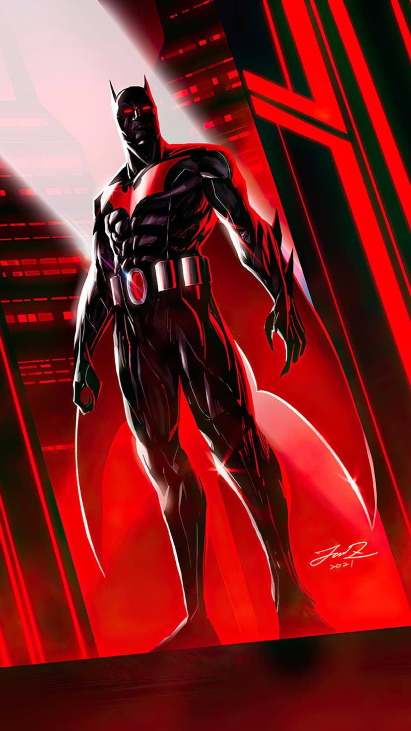 Batman Beyond in a black and red suit stands before glowing red skyscrapers with his cape flowing behind him.