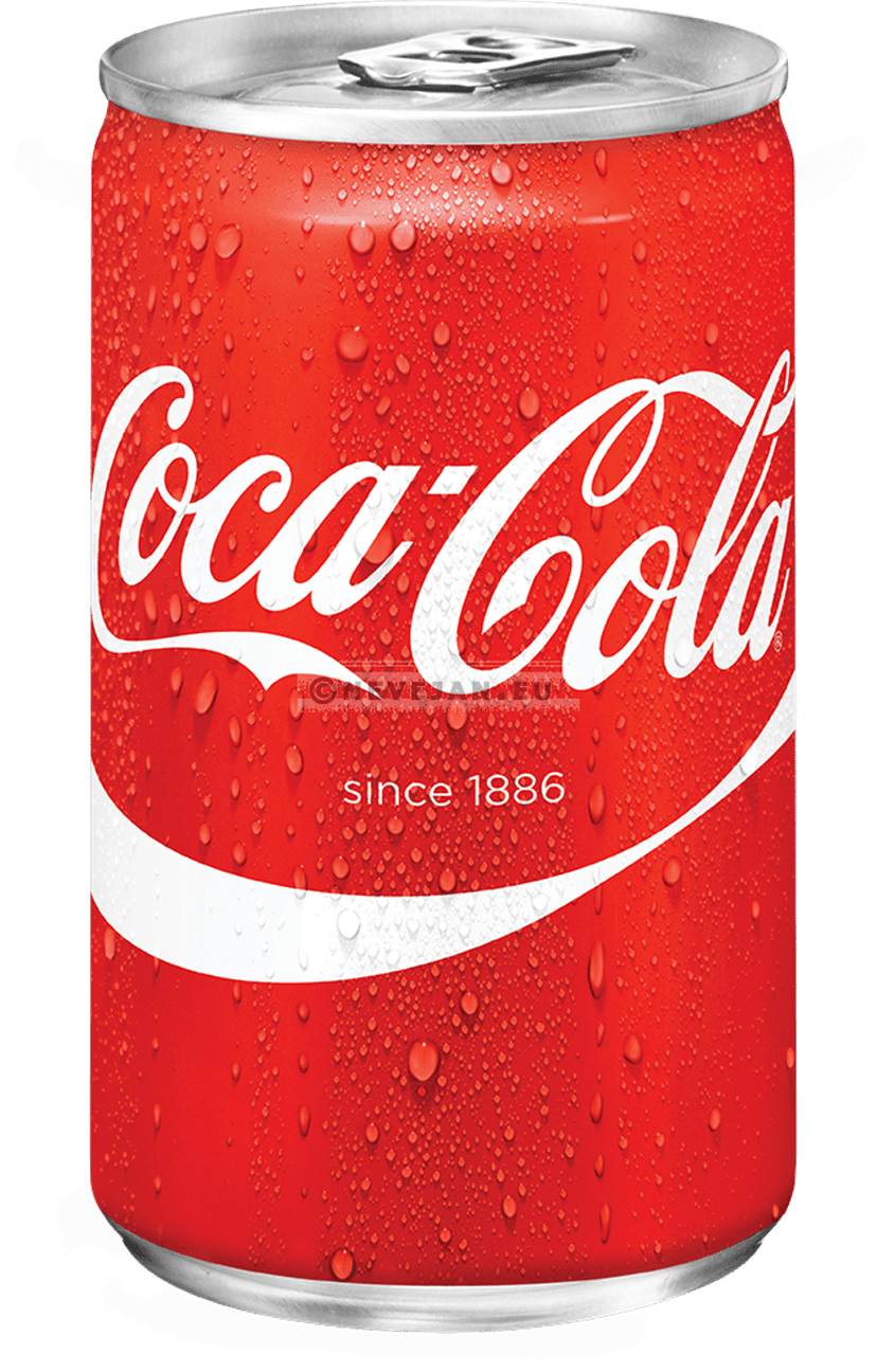 Coca-Cola can with condensation droplets on a red aluminum surface shown from a straight front perspective.