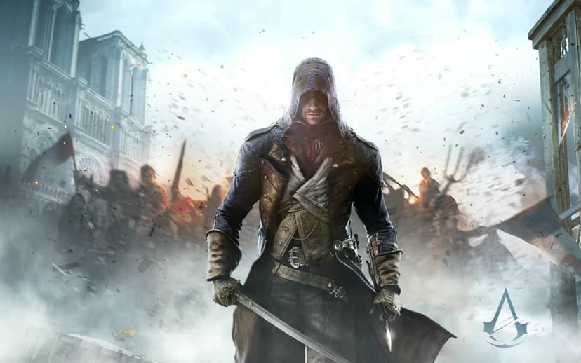 Arno Dorian from Assassin's Creed Unity holding a sword in front of Notre-Dame during the French Revolution.