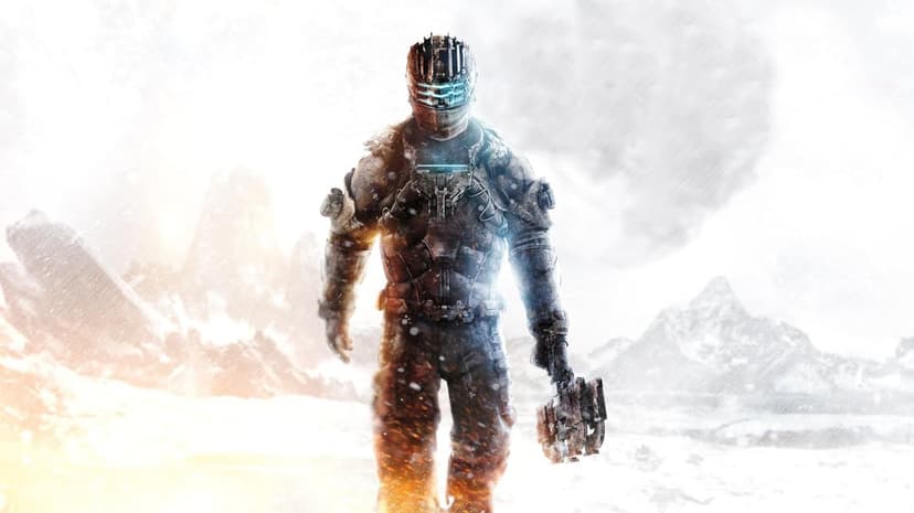 Isaac Clarke in survival armor stands in a bright snowy mountain landscape holding a plasma cutter tool.