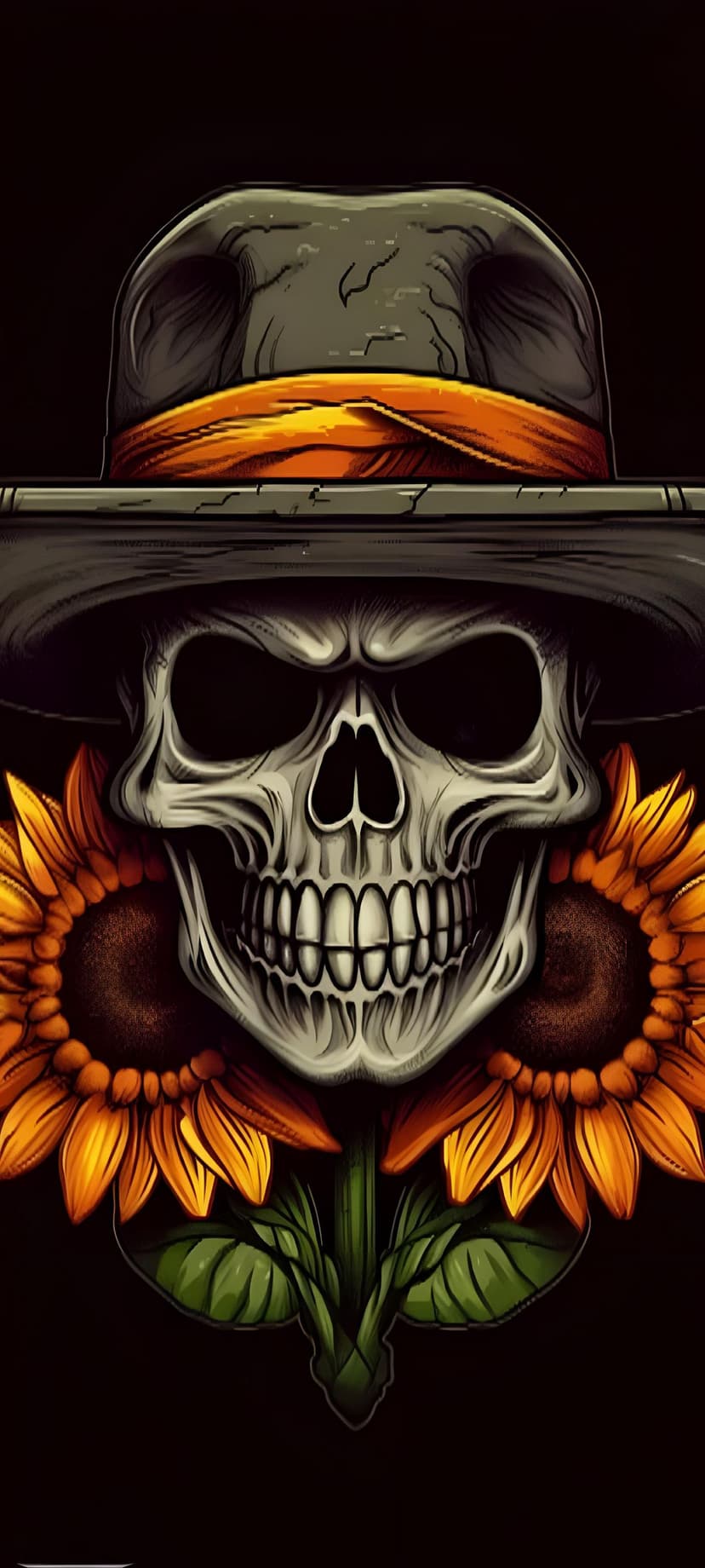Human skull wearing a black fedora with an orange band, flanked by large sunflowers against a black backdrop.