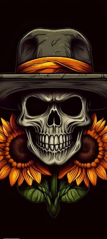 Skull with Sunflowers and Fedora Hat Artwork