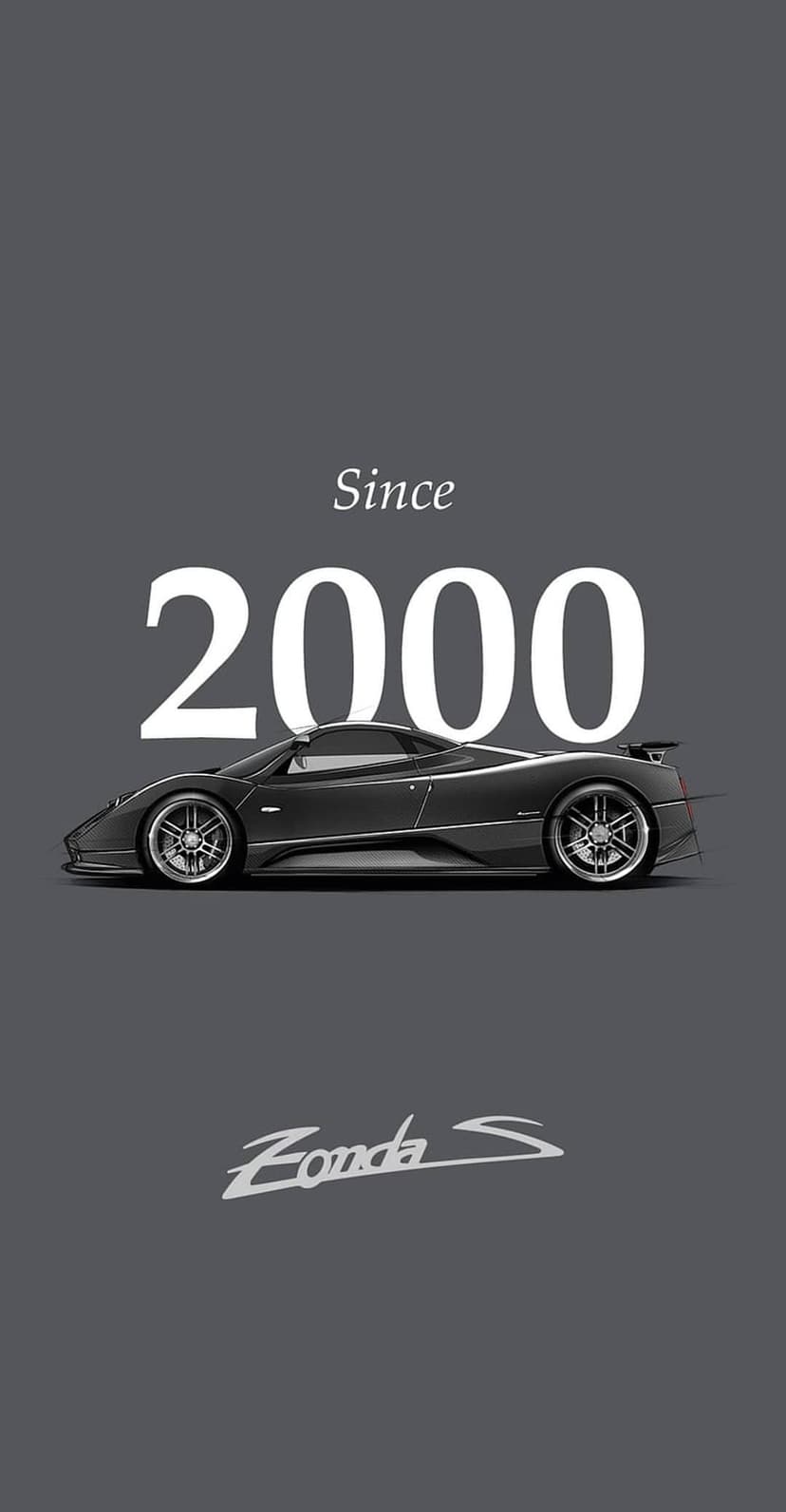 Pagani Zonda S supercar silhouette with Since 2000 text on a minimalist background for mobile displays.