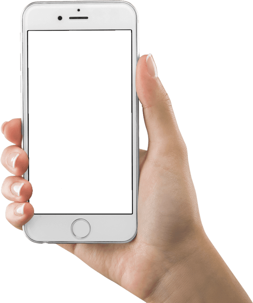 Smartphone held in hand features a glossy screen and matte black finish against a transparent background.