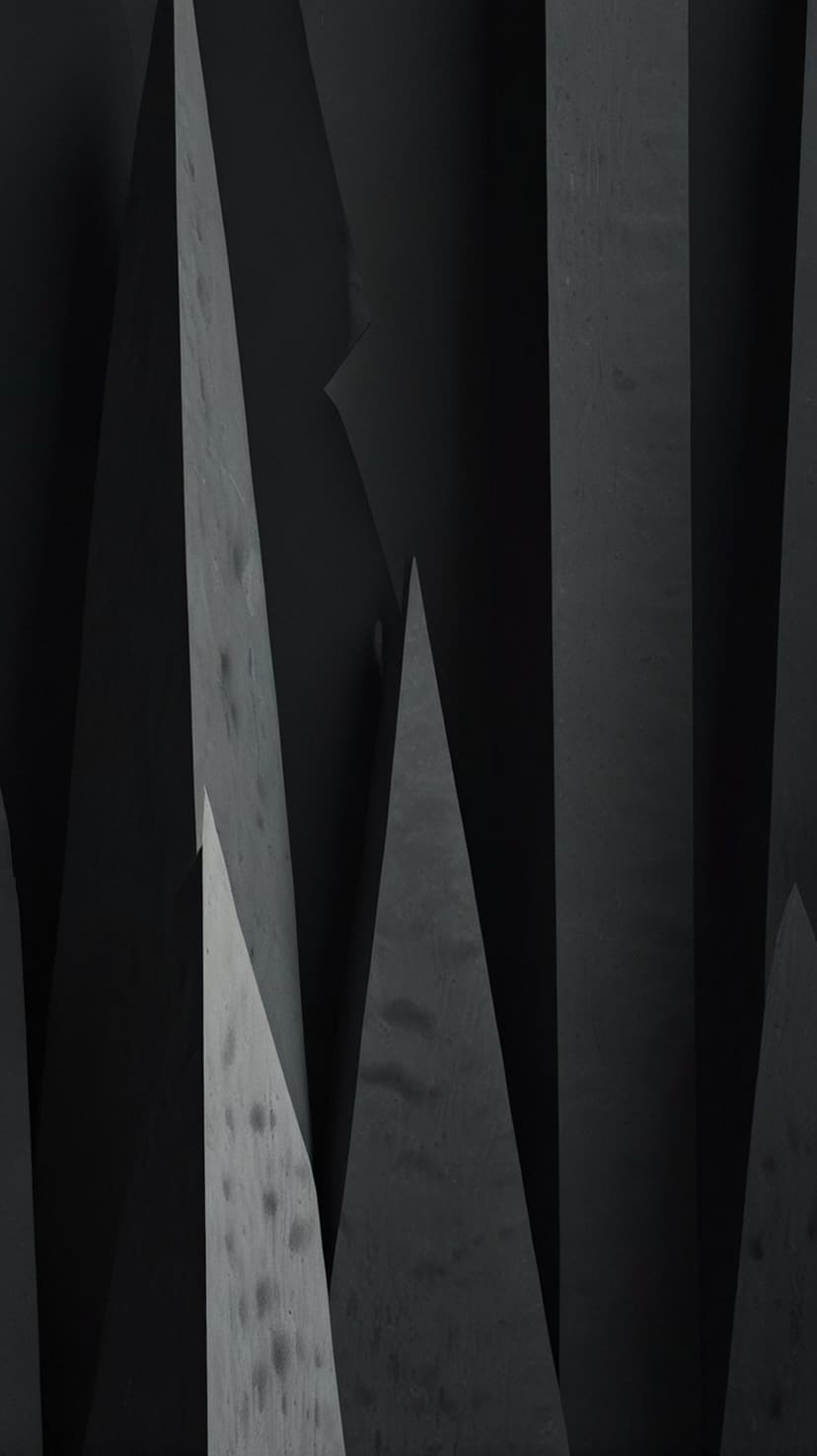 Angular black polygons with faint dusty textures overlap in a shadowed vertical geometric composition.