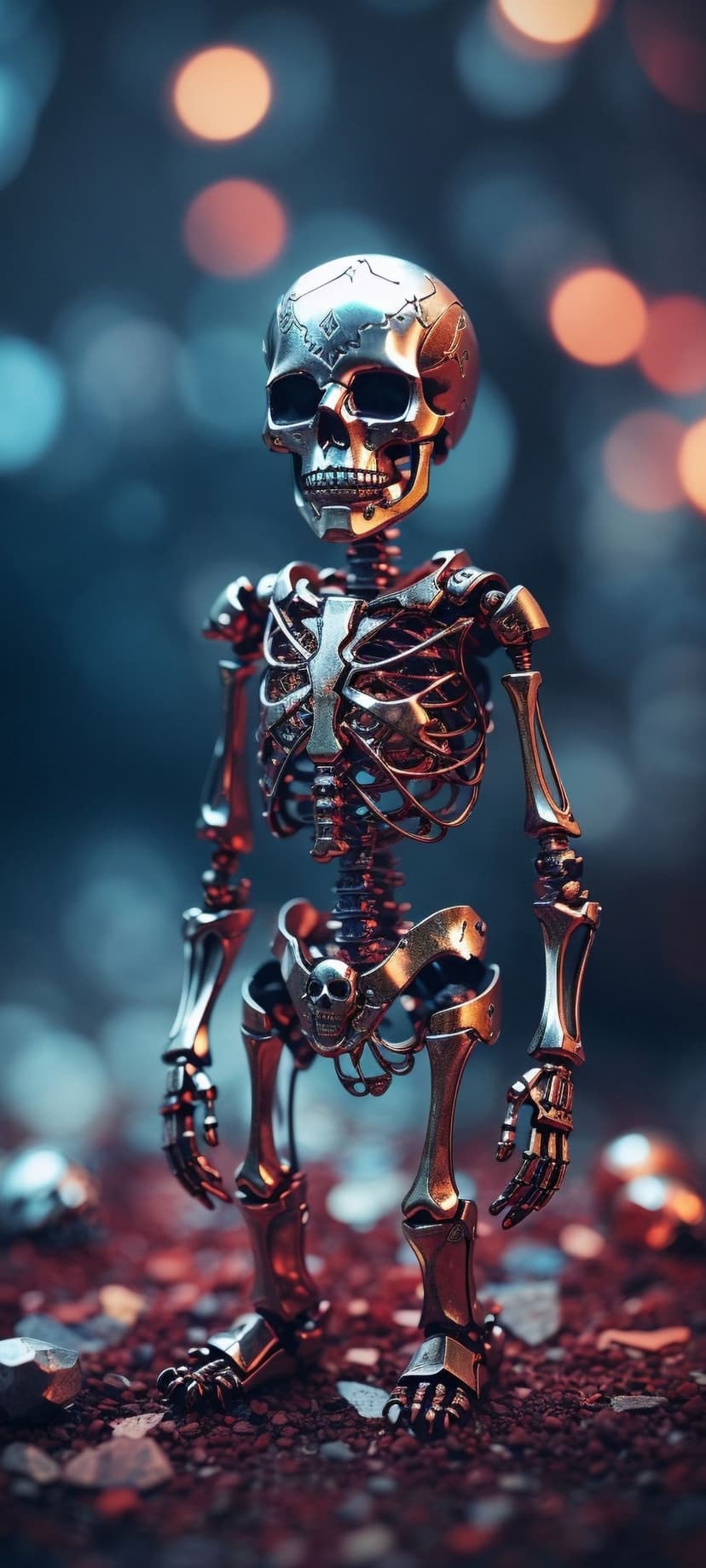 Metallic skeleton figure with etched skull patterns stands on rocky ground with blurred amber bokeh lights.