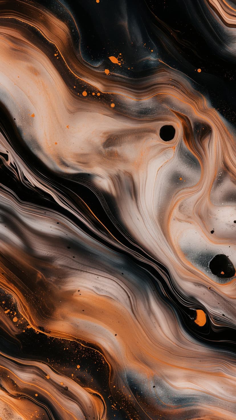 Black and orange fluid marble swirls with cream accents and small paint splatters forming a textured pattern.
