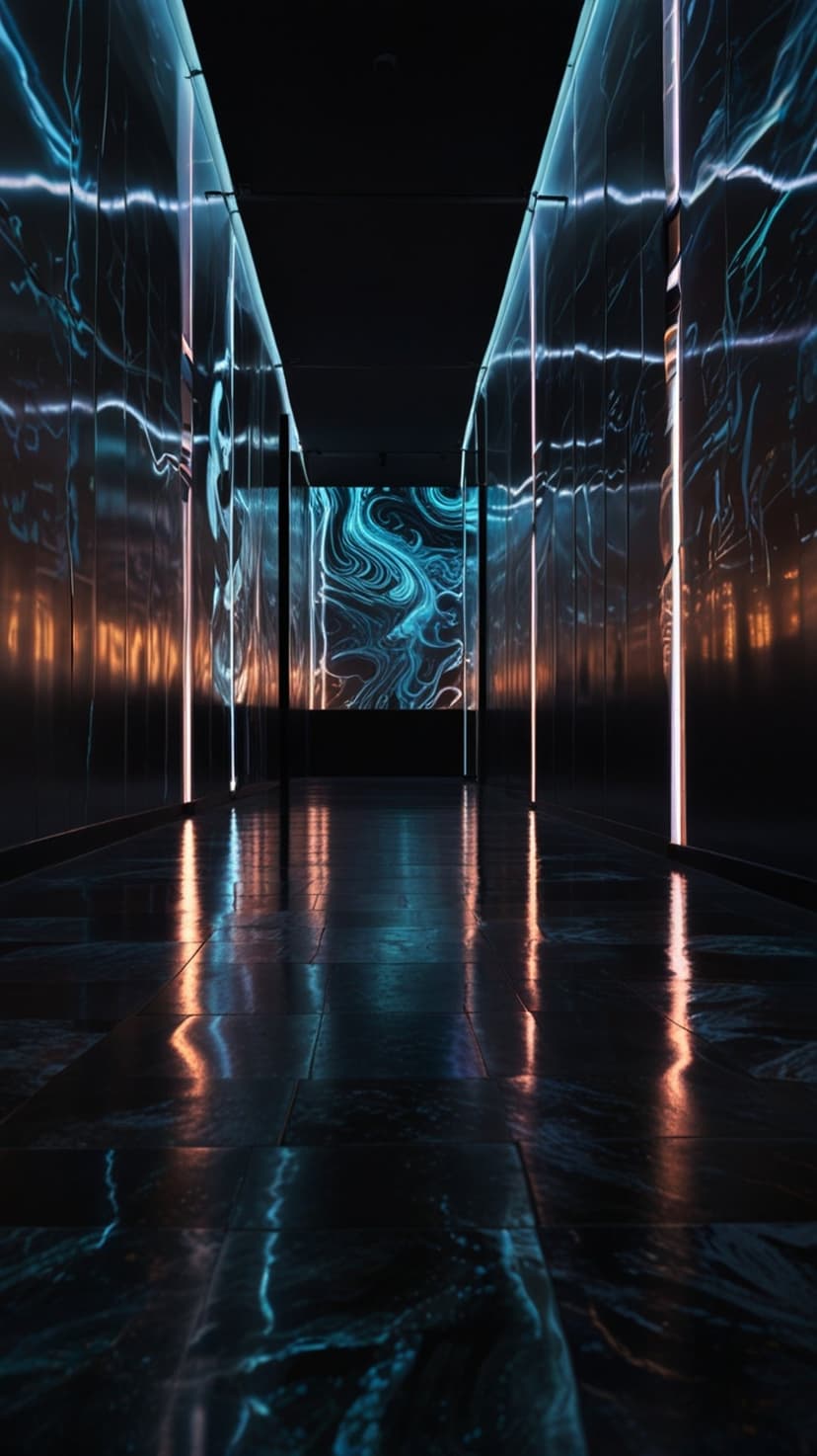 Neon blue and orange geometric lights lining a dark reflective corridor with a central vanishing point.