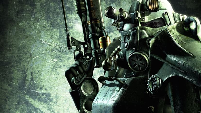 Close-up of metallic sci-fi power armor helmet and laser rifle against a textured green background.