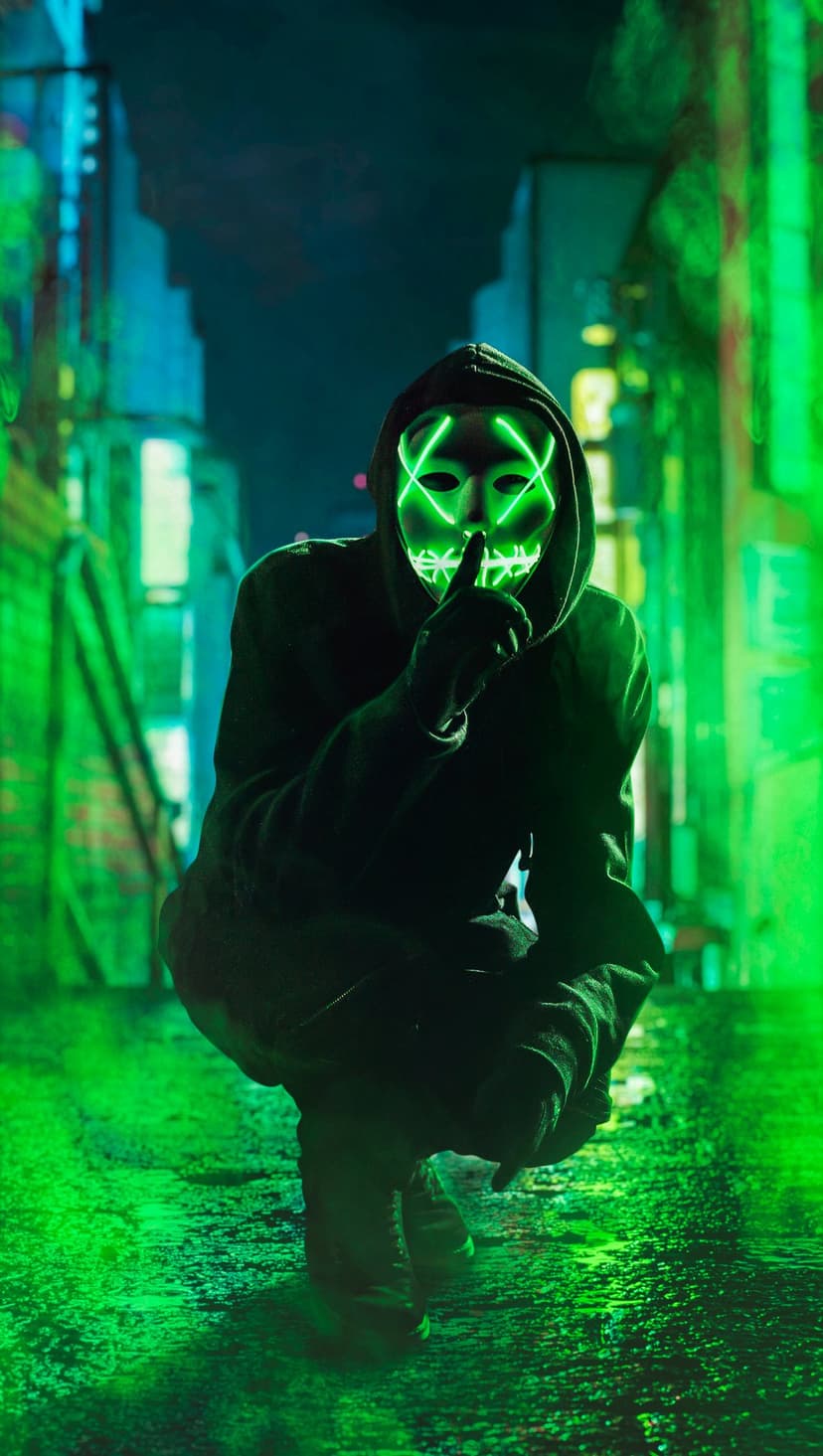 Masked person with glowing green 'X' eyes crouches in a dark alley, holding a finger to their lips for silence.