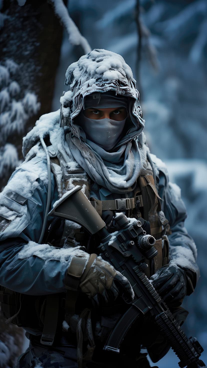 Winter soldier in white camo holds a tactical rifle amidst falling snow in a frozen pine forest landscape.