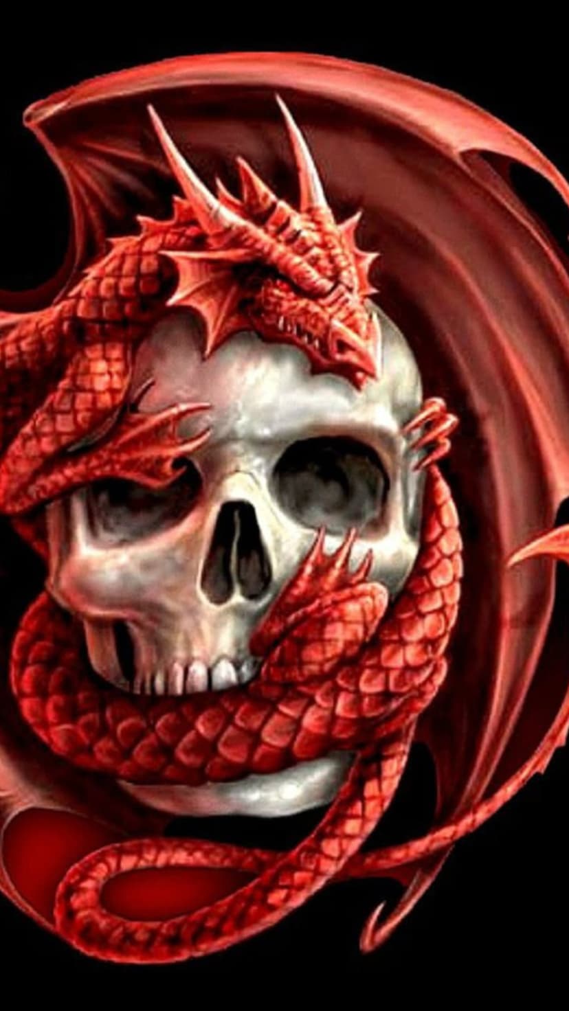 Red dragon with detailed scales wrapped around a weathered human skull against a dark, moody background.