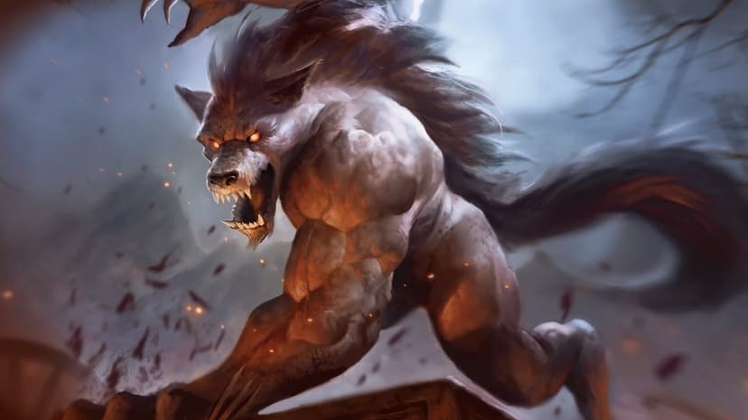 Snarling werewolf with glowing orange eyes and muscular build leaping through a dark atmospheric forest at night.
