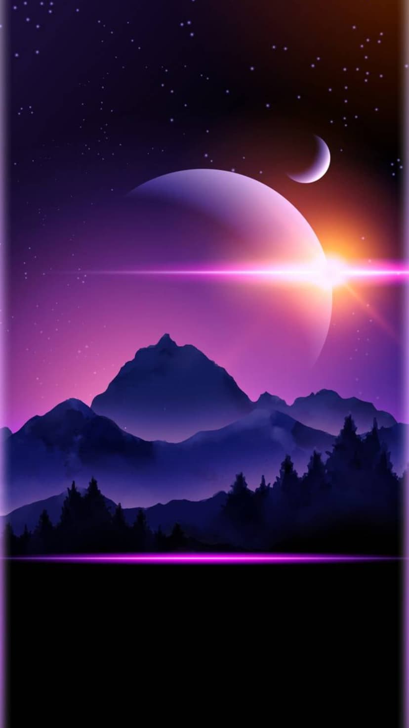 Jagged mountain silhouettes under a giant glowing planet and crescent moon with a purple and orange sky.