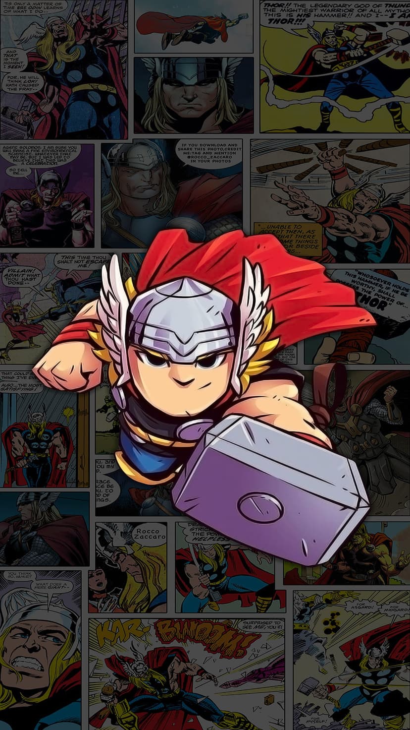 Thor in chibi form grips Mjolnir tightly before a backdrop of overlapping vintage comic book story panels.