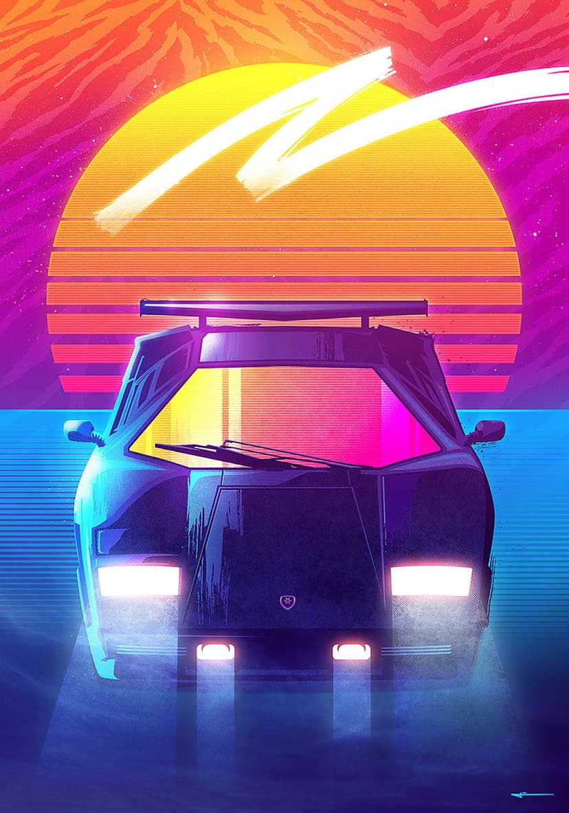 Sports car driving toward a neon pink and orange striped sun on a dark road with electric blue light reflections.