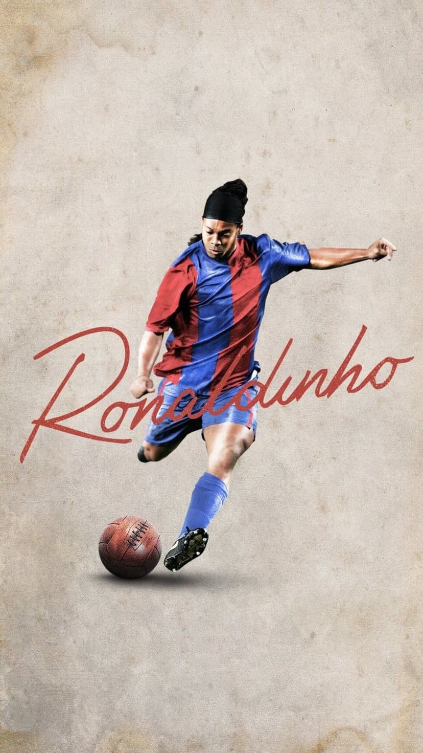 Ronaldinho kicks a brown leather ball wearing a red and blue jersey against a textured tan paper background.