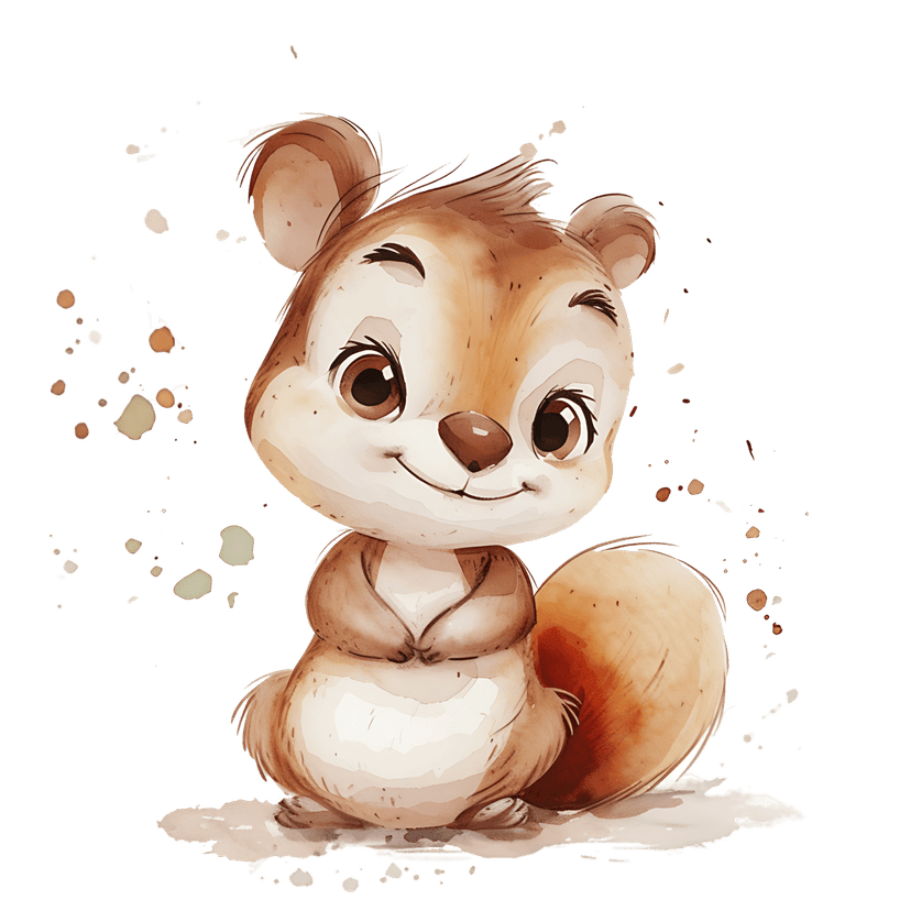 Watercolor squirrel sitting with paws together, showcasing a large bushy tail and expressive dark eyes on white paper.