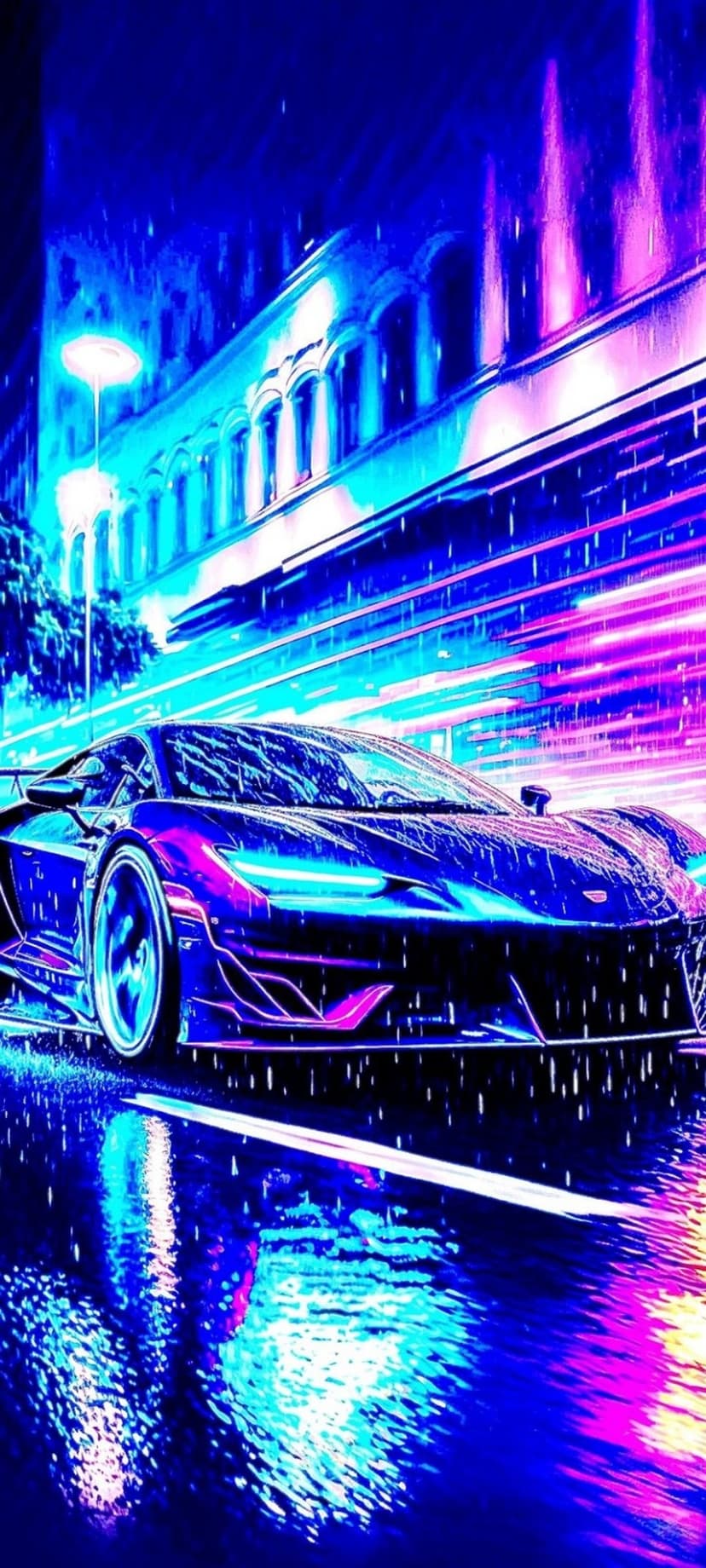 Sleek black car with glowing taillights drives on a wet city street reflecting purple and blue neon signs.