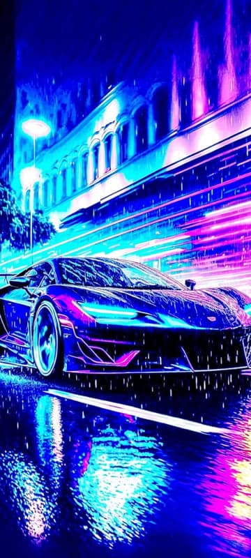 Neon Cyberpunk Car Driving Through Rainy City at Night