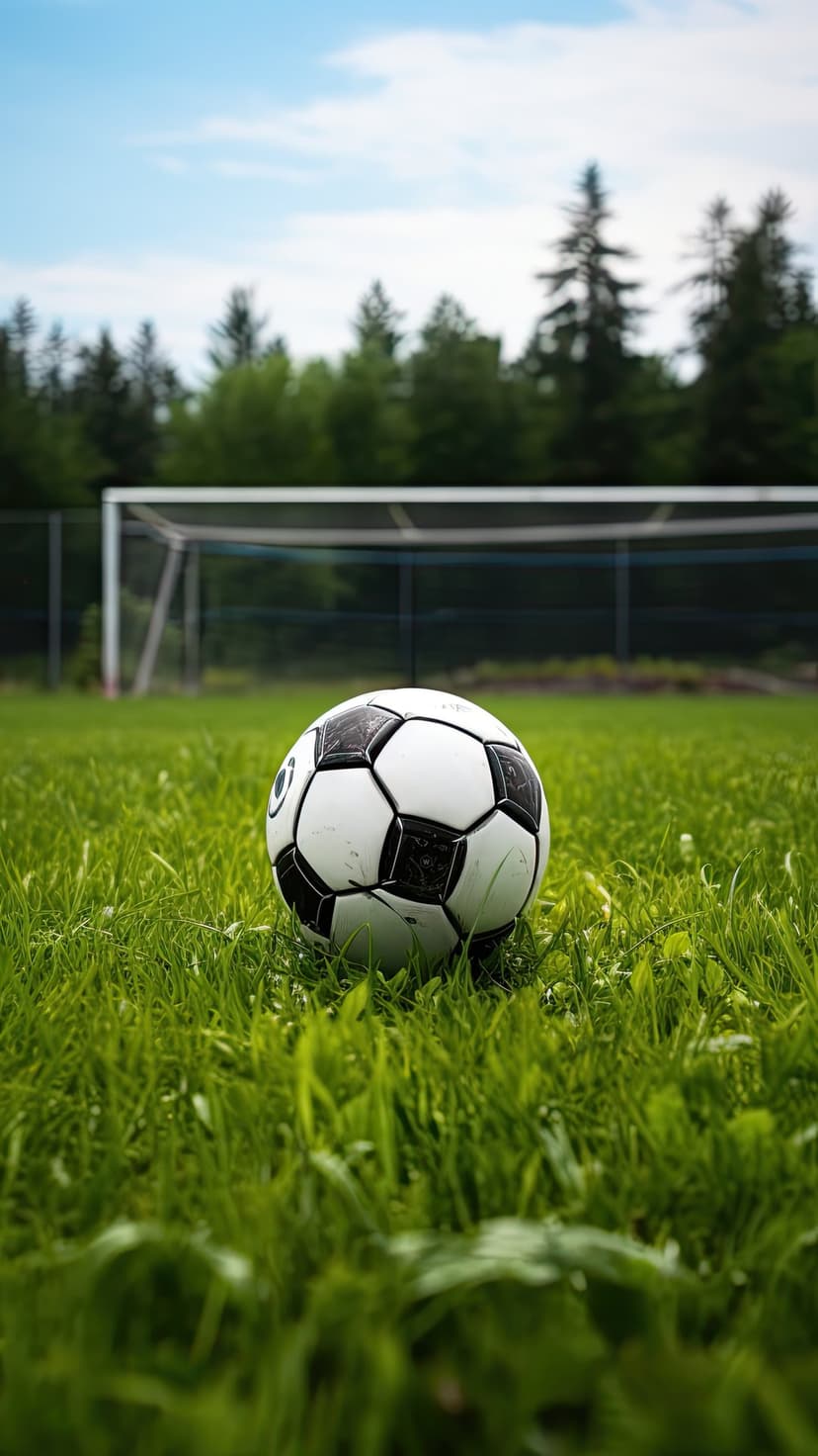Soccer ball rests on lush grass with a goal net and blue sky background for a vertical sports composition.