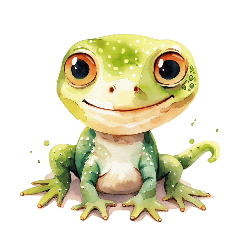 Green watercolor frog illustration with large orange eyes sits alert amid green paint splashes and white dots.