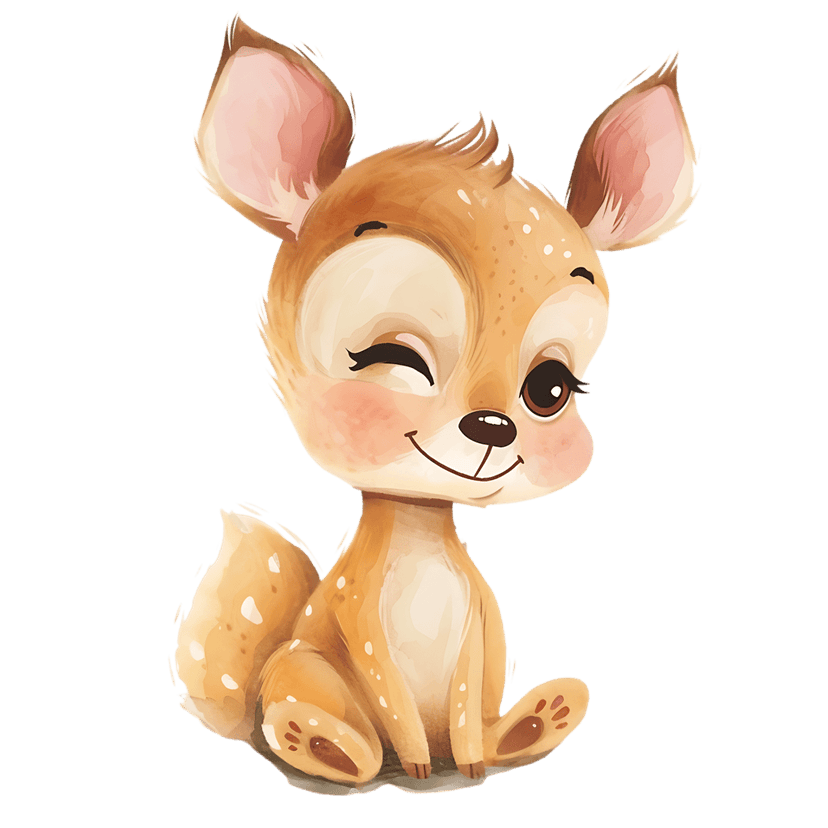 Watercolor baby deer illustration featuring speckled brown fur, pink cheeks, and a winking eye on a plain background.
