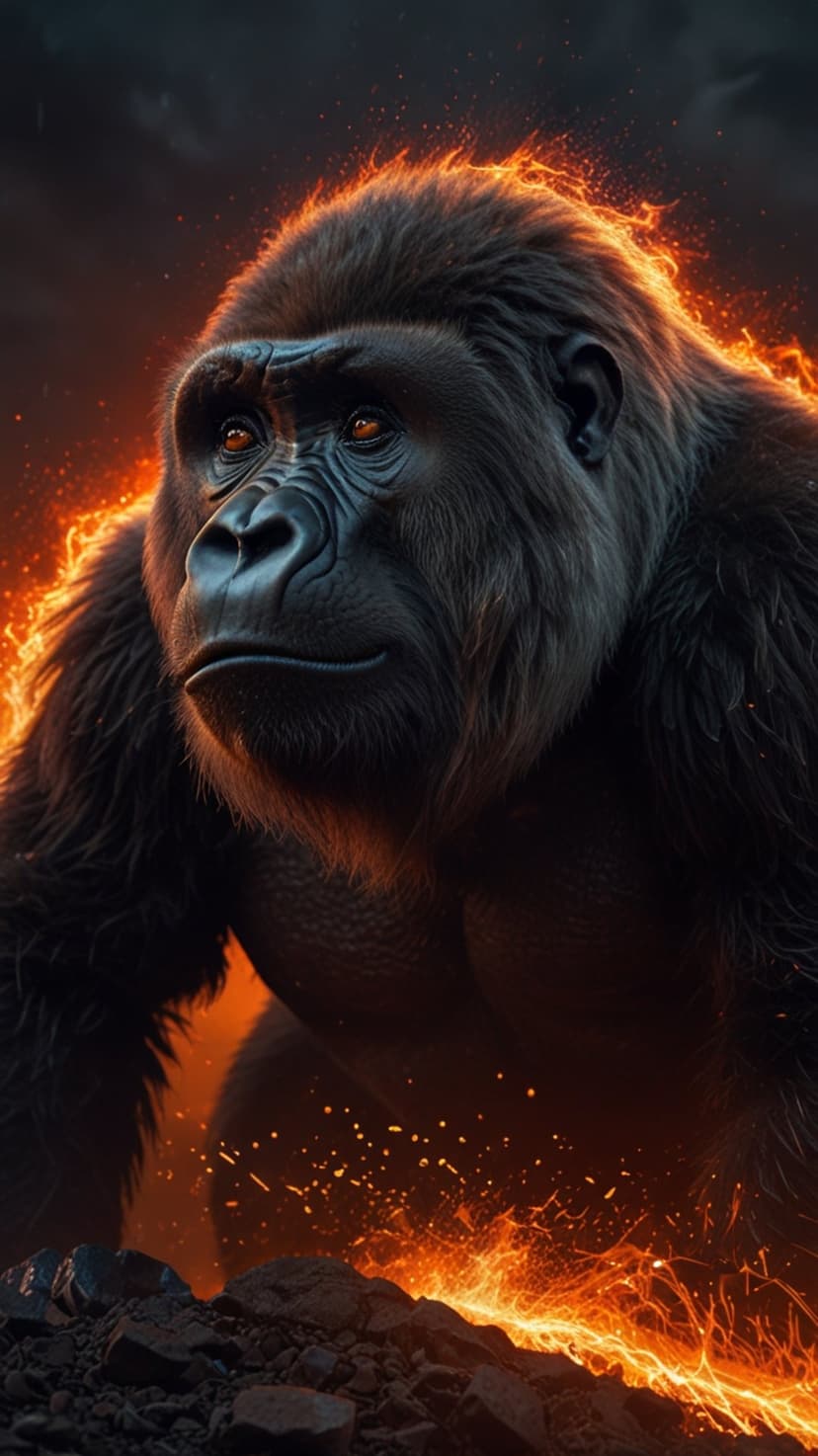 Silverback gorilla face with glowing eyes surrounded by orange flames and sparks against a dark background.