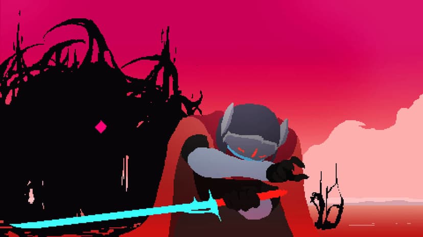 Pixel art warrior in a red cloak holding a glowing cyan sword against a dark silhouette and pink sky.