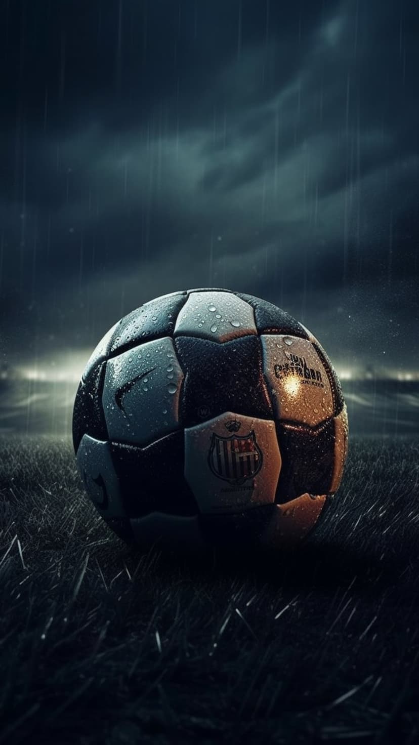 Soccer ball on wet grass at night under a storm sky with faint stadium lights glowing in the distance.