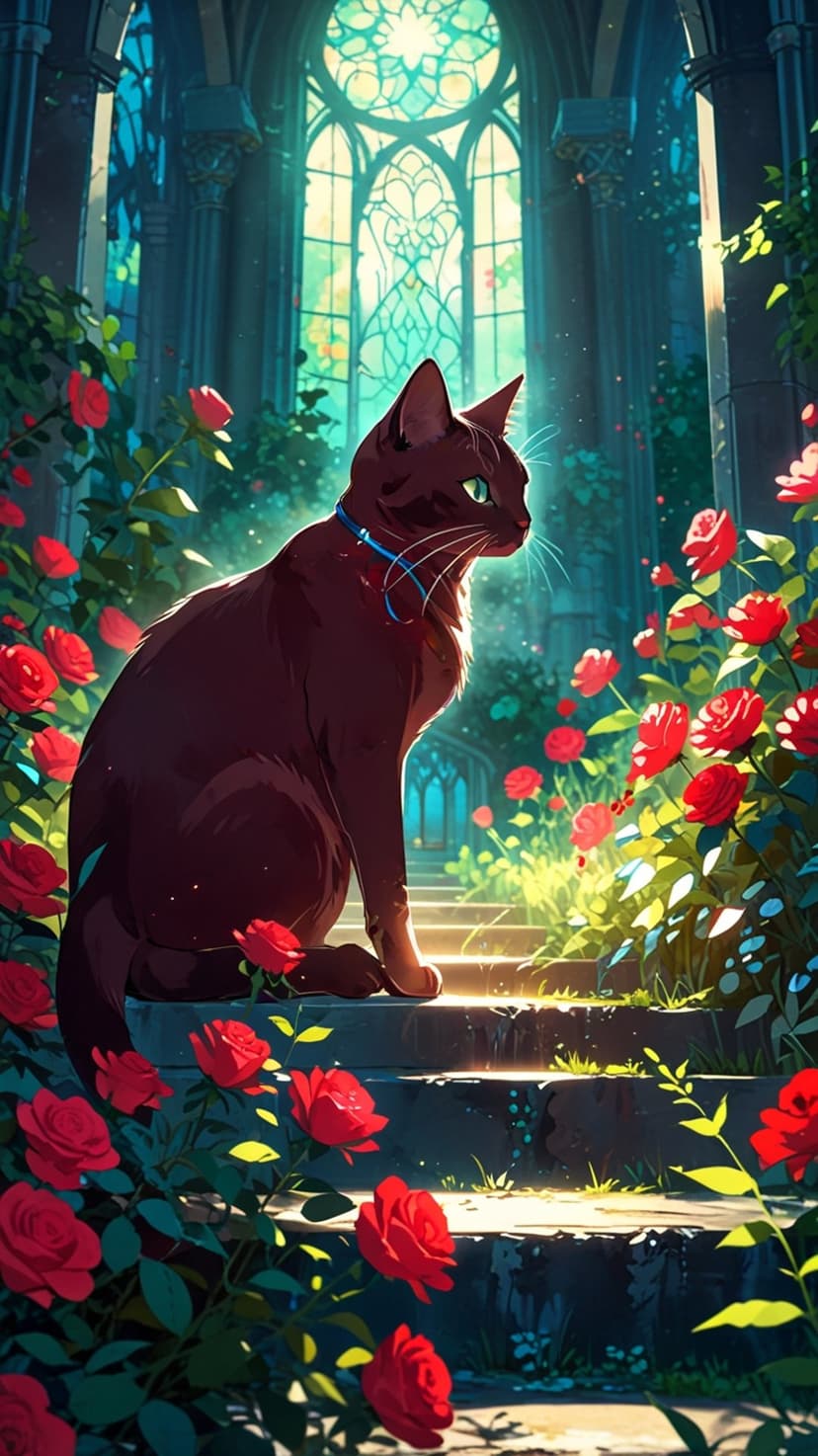 Black cat with green eyes sits among red roses before a gothic cathedral window casting colorful light.