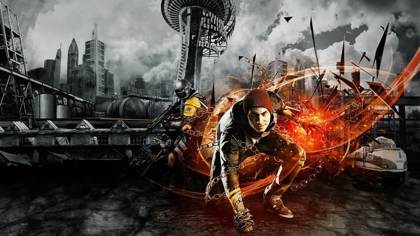 Delsin Rowe crouching with glowing orange chains against a grayscale Seattle skyline with the Space Needle.