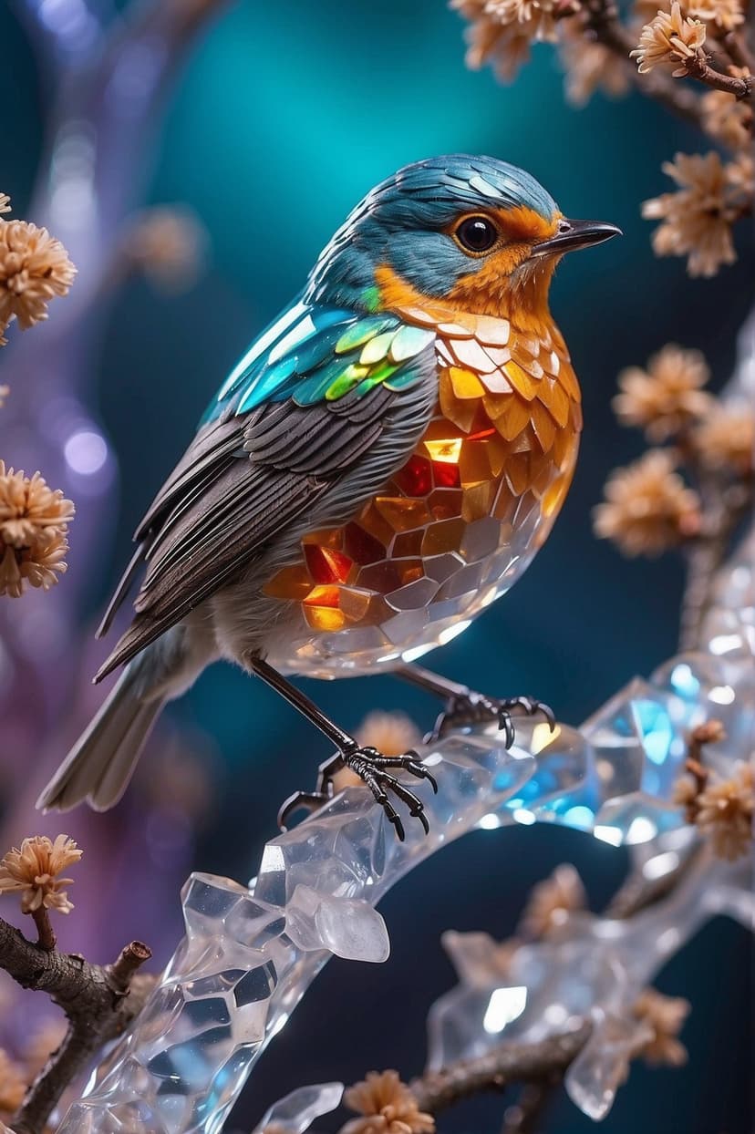 Iridescent bird with faceted gem feathers perched on a glowing crystal branch against a dark violet bokeh backdrop.
