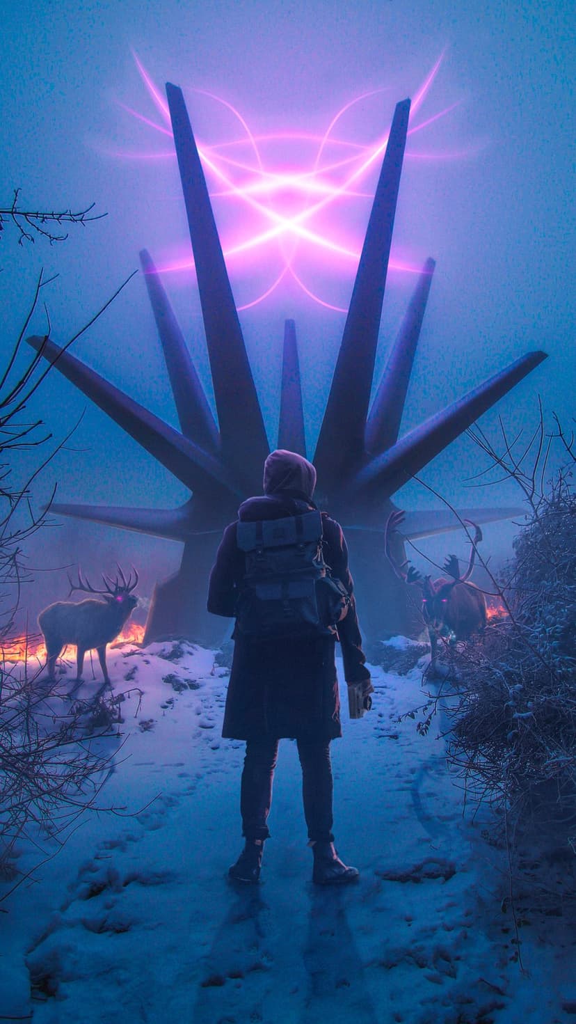 Lone explorer facing a massive jagged purple monolith in a snowy field with two deer near the structure base.