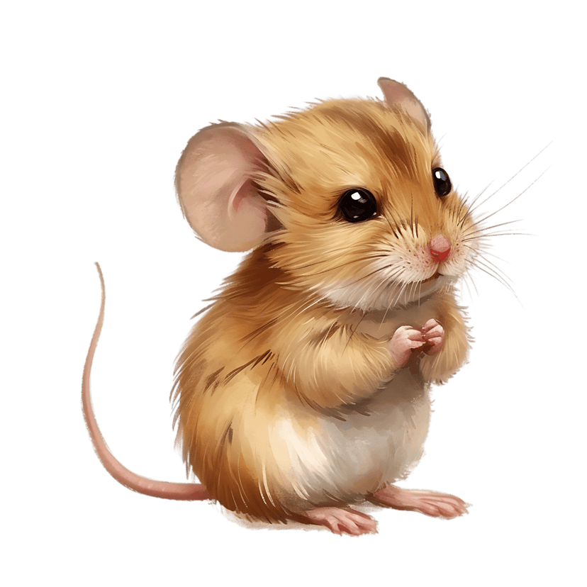 Detailed gray mouse illustration with soft fur and large ears sitting against a solid black background.