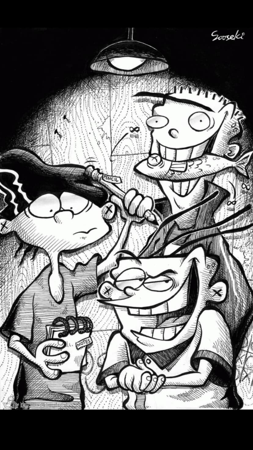 Ed, Edd, and Eddy stand under harsh overhead lighting with frantic expressions and detailed cross-hatch shading.