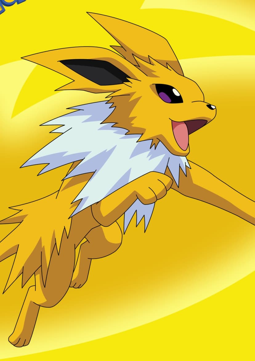 Jolteon running with an open mouth and joyful expression against a bright yellow and orange background.