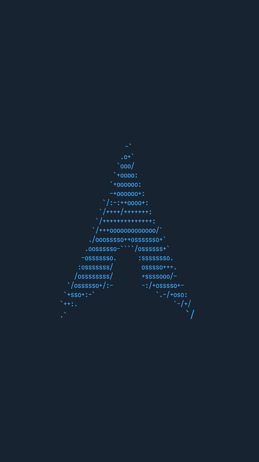 Arch Linux logo formed by blue ASCII characters and symbols on a pitch-black background for mobile displays.