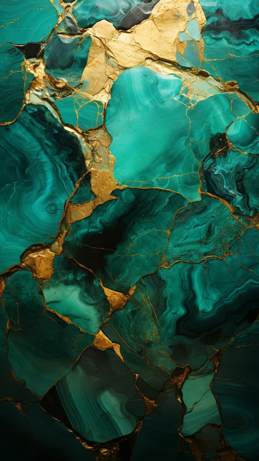 Emerald green malachite stone textures flow with shimmering gold mineral veins in an abstract vertical pattern.