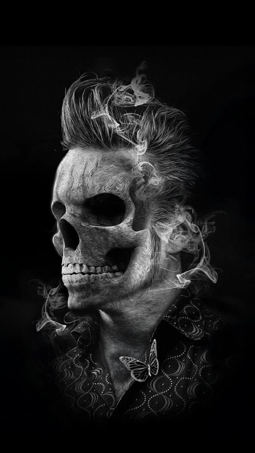 Human skull with pompadour hair and a butterfly on a patterned shirt surrounded by swirling smoke and vapor.
