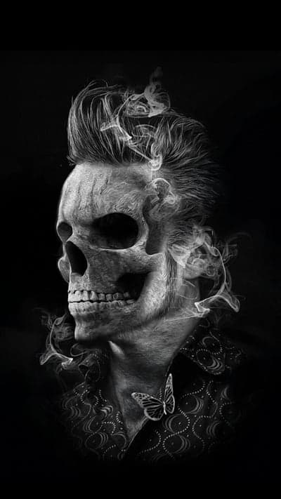 Monochrome Skull with Pompadour and Butterfly Mobile Wallpaper