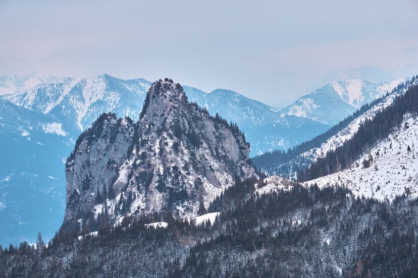 Snow-capped rocky peak with evergreen trees overlooks a layered mountain range under a soft, hazy winter alpine sky.