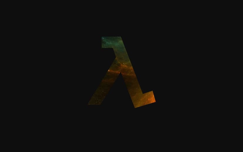 Orange and teal space nebula texture fills a central lambda symbol on a solid dark black background.