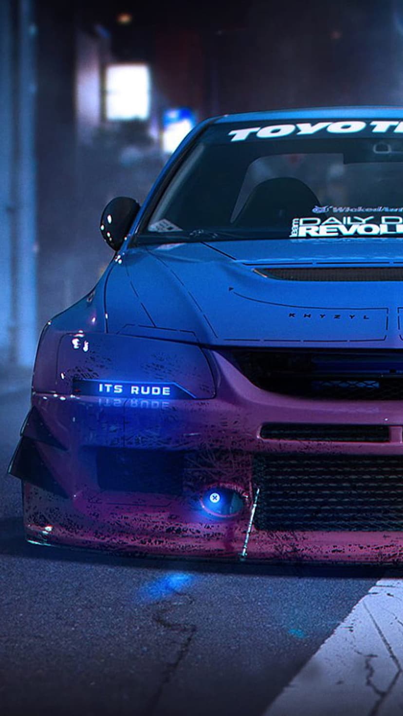 Mitsubishi Lancer Evolution with a blue and magenta gradient paint job and glowing LED accents at night.