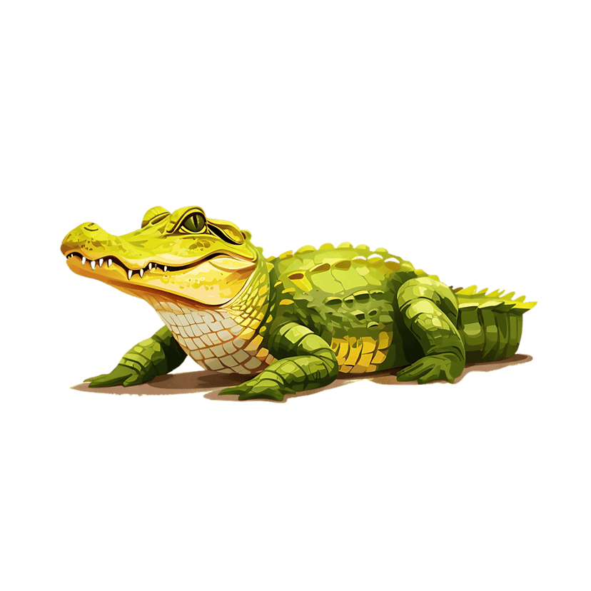 Alligator digital illustration featuring detailed green scales and yellow eyes while resting on sandy ground.