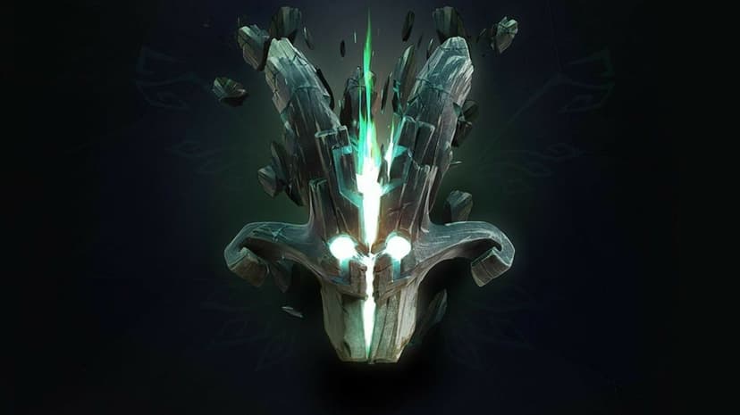 Cracked stone mask with glowing teal eyes and energy shards floating against a dark patterned background.