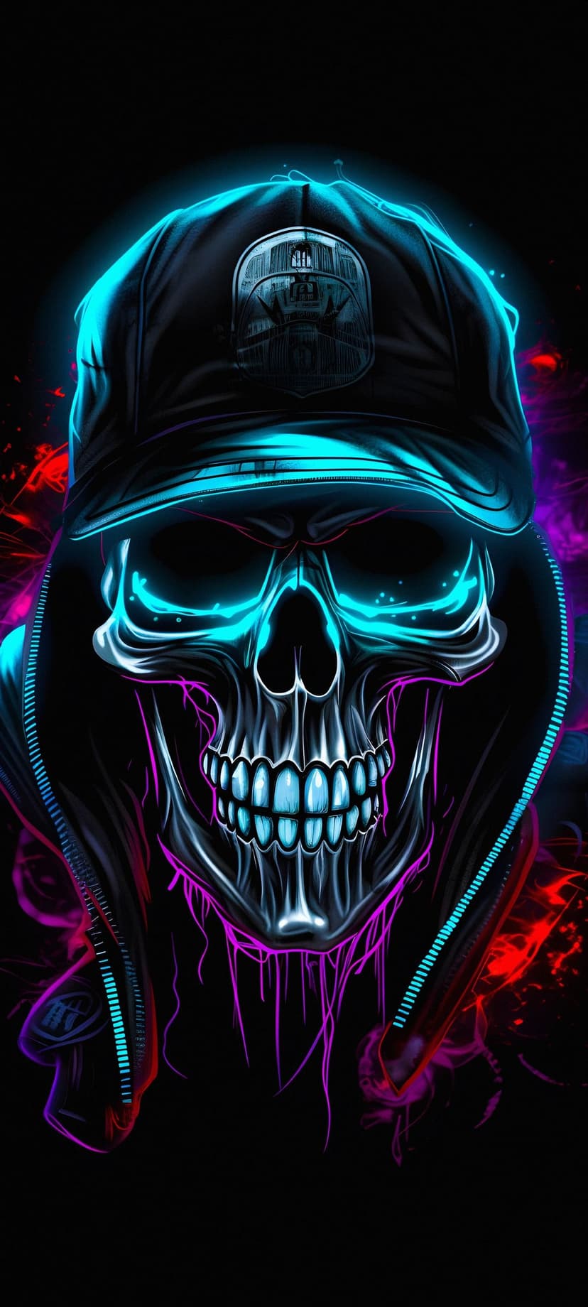 Skull wearing a black hoodie and cap glows with neon blue eyes and pink liquid dripping from its skeletal jaw.