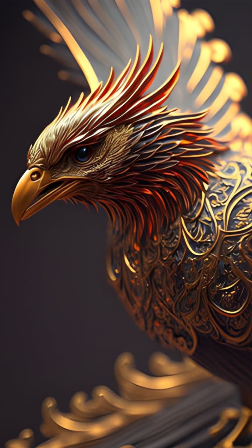 Golden eagle with crimson-tipped wings and ornate filigree patterns stares forward against a dark background.